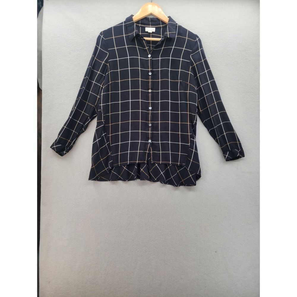 J. Jill Navy Blue Windowpane Plaid Peplum Button Down Blouse Top Womens M Petite